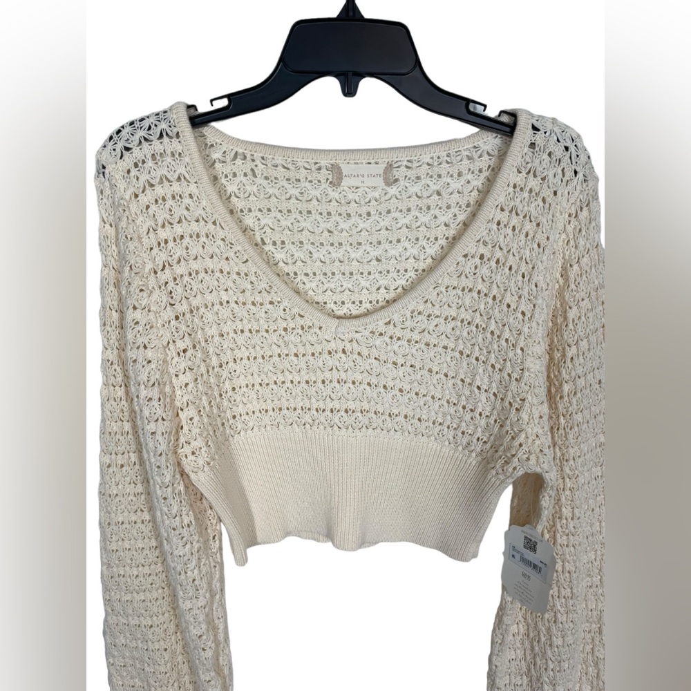 EUC Altar’d State Briella Knit Sweater Open Knit Crochet Cropped Ivory Size M - Picture 4 of 13